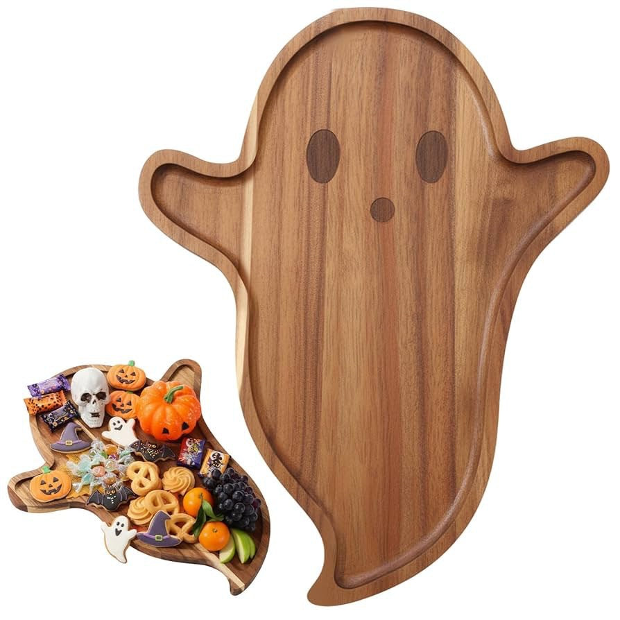 Skull-engraved acacia wood serving board with a raised edge
