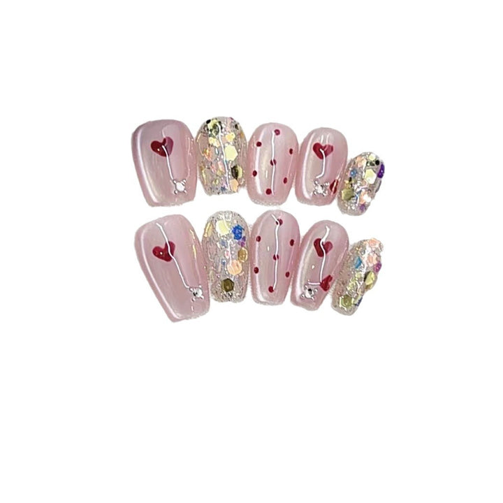 Decorative Press-On Nail Art Set with Heart and Glitter Designs Kalsten