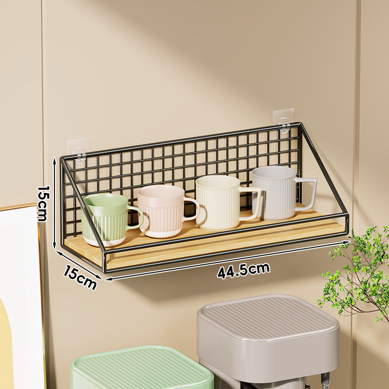 Ventilated Grid Wall Shelf with Wood-Look Tray and Clear Suction Mounts