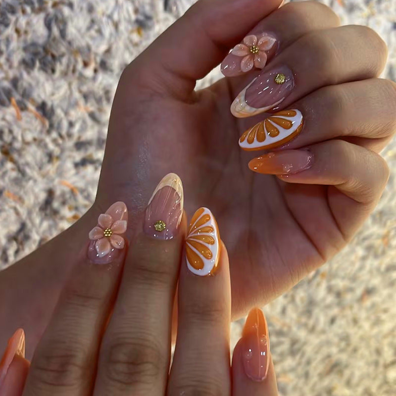 Decorative Press-On Nail Set with Floral and Citrus Accents kalsten