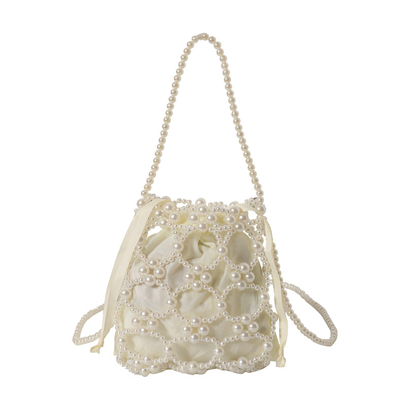 Elegant Pearl-Embellished Drawstring Handbag