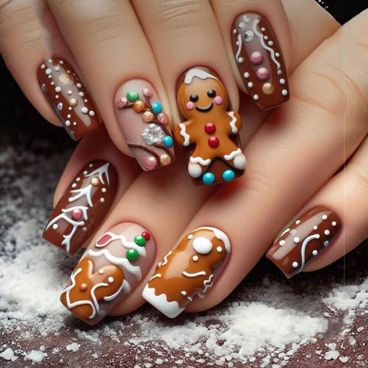Festive Gingerbread-Themed Press-On Nail Art Kalsten