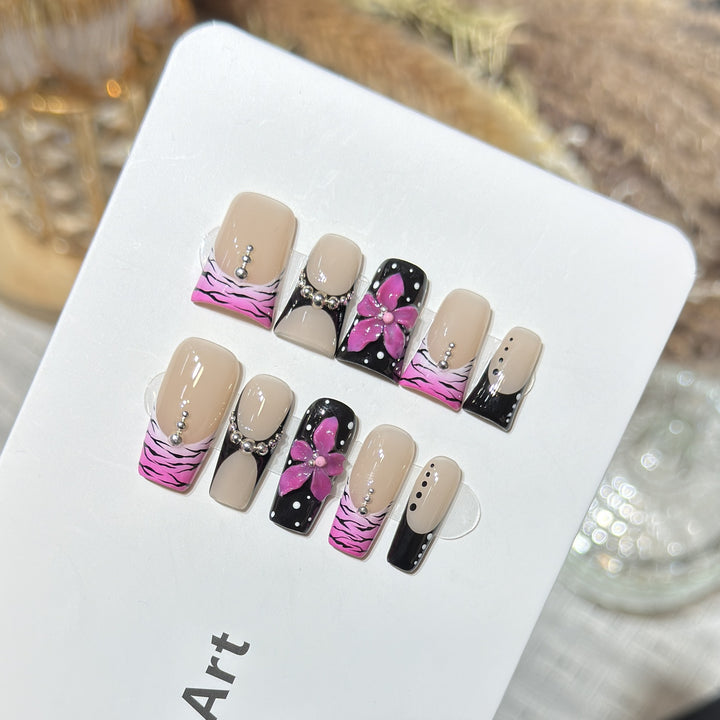 Decorative Press-On Nail Set with Floral and Striped Design Kalsten
