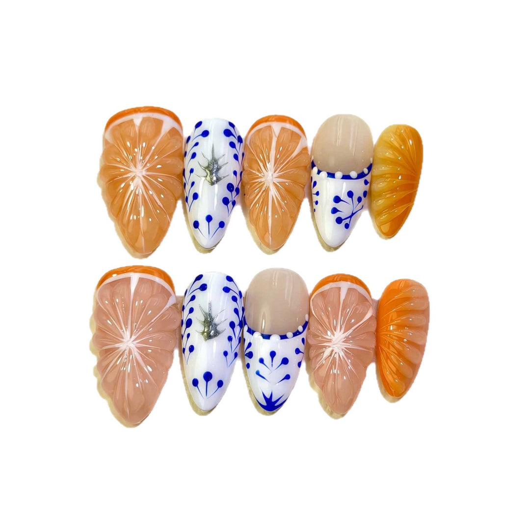Artistic Press-On Nail Set Featuring Citrus Patterns