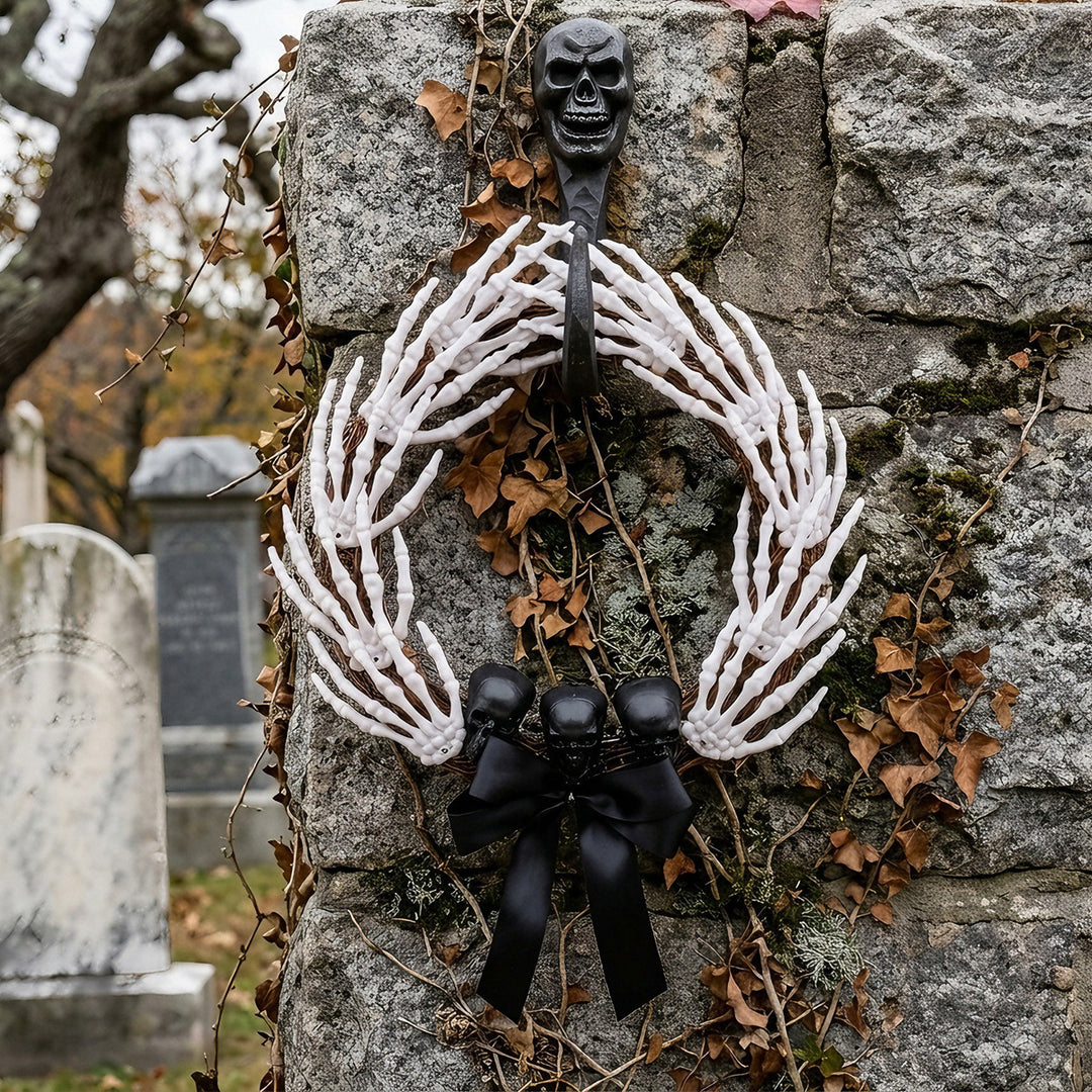 Creepy Halloween Door Wreath with Skeleton Hands, Three Skulls and Satin Ribbon