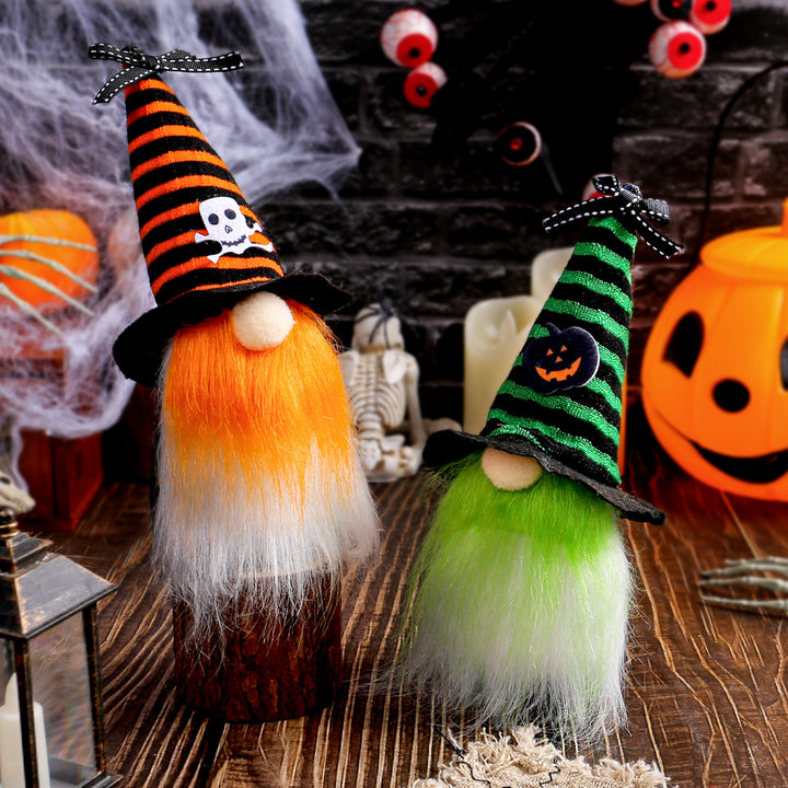Halloween-Gnome decoration figure with pointed hat and artificial fur beard