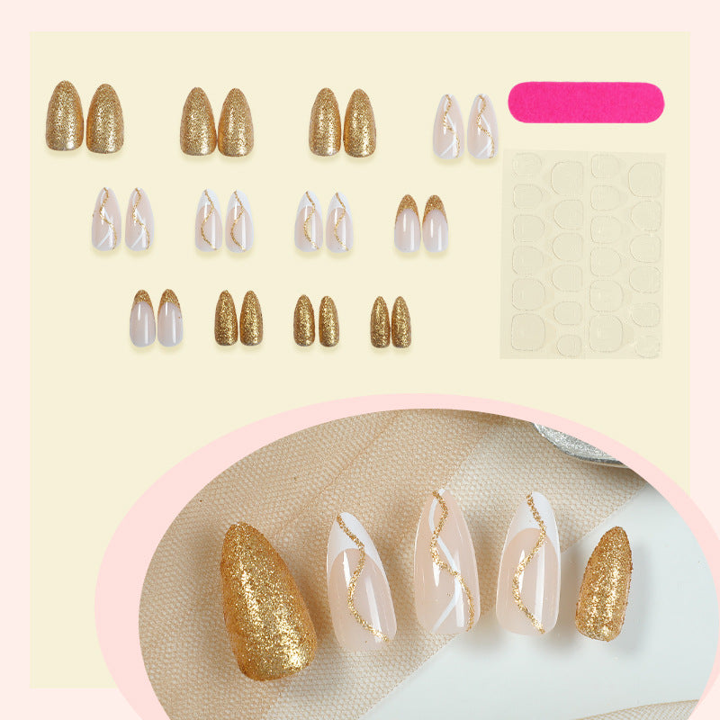 Elegant Press-On Nail Set with Glitter and Gold Swirl Accents Kalsten