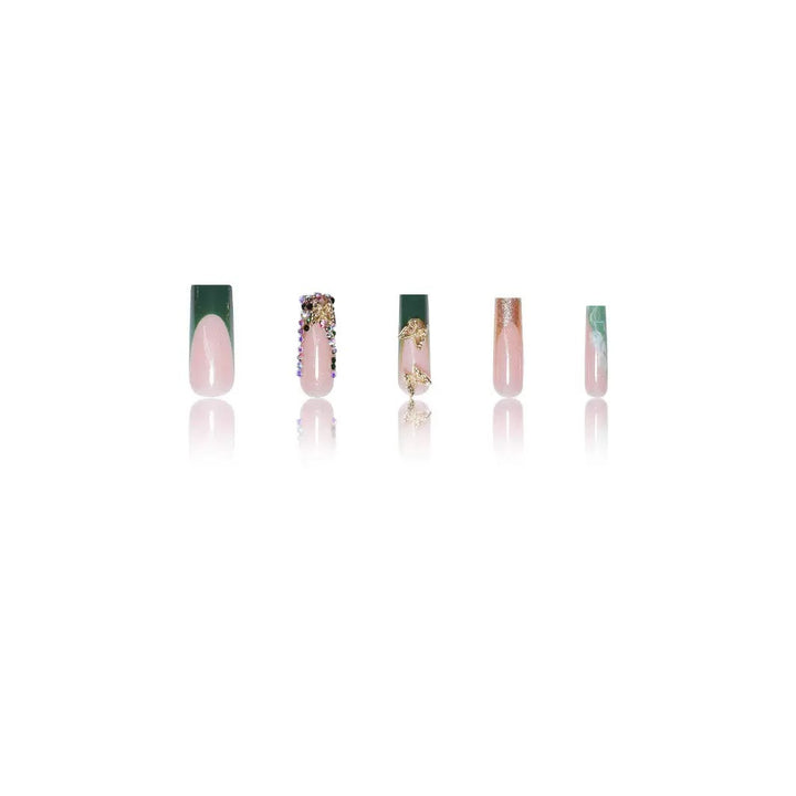 Artistic Press-On Nail Art with Gemstone and Butterfly Accents Kalsten