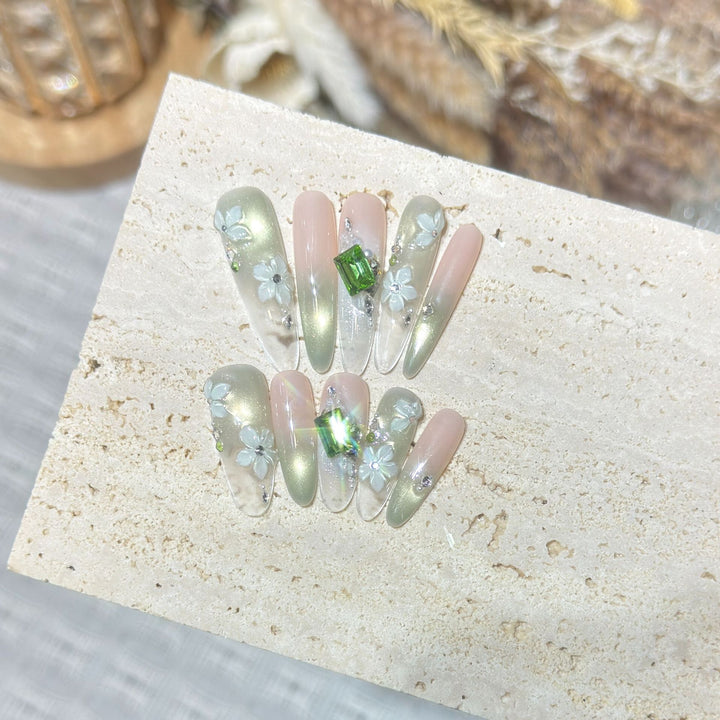 Floral Gemstone Stiletto Nail Set Kalsten