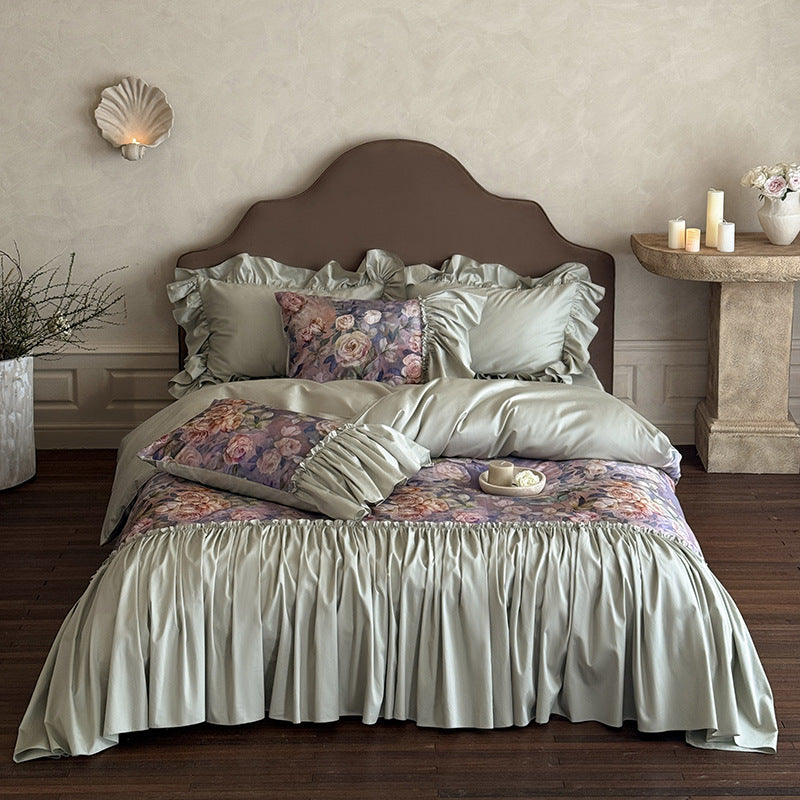 Bedding set made of cotton satin with lavish frills and floral watercolor print