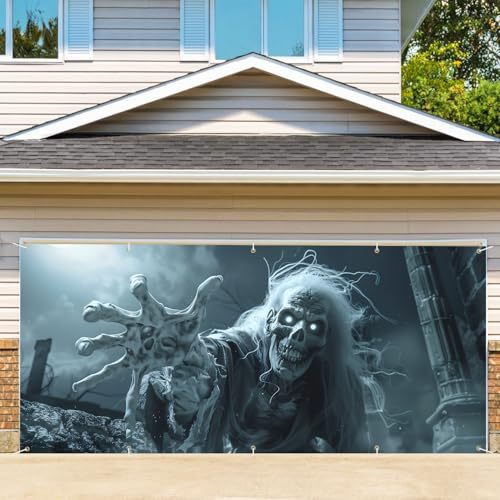 Large-format Halloween photo background made of weatherproof polyester with grommeted fastening edge and bright Haunted House motif