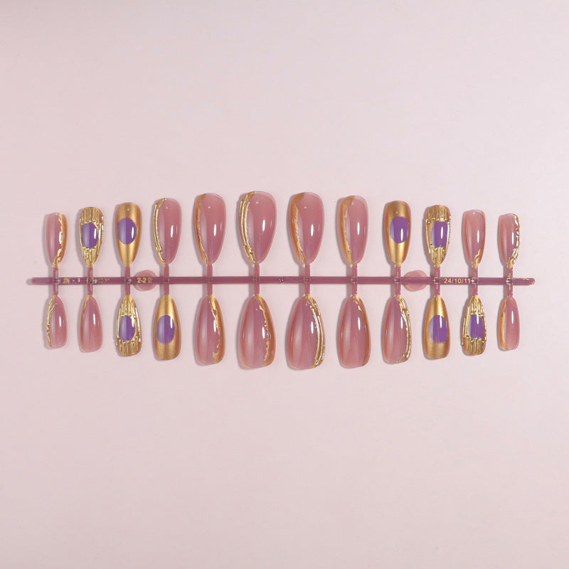 Artistic Press-On Nail Set with Gold and Purple Accents Kalsten