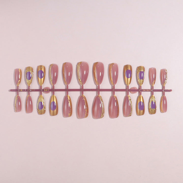 Artistic Press-On Nail Set with Gold and Purple Accents Kalsten