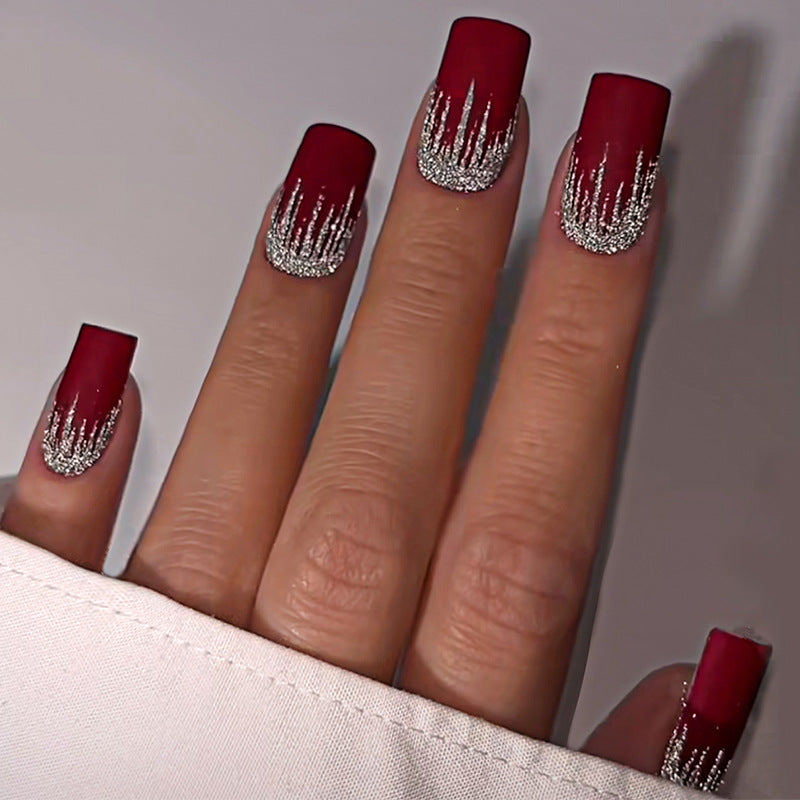 Artistic Press-On Nail Set with Silver Drip Design kalsten