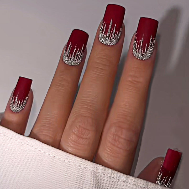 Artistic Press-On Nail Set with Silver Drip Design kalsten