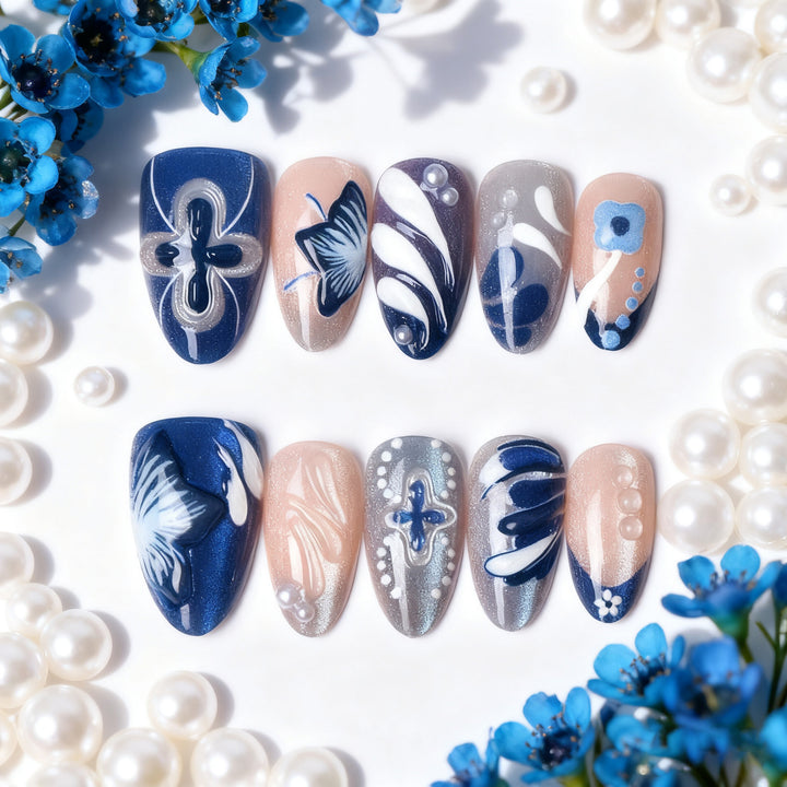 Artistic Floral Press-On Nail Art Set with Pearl Accents Kalsten