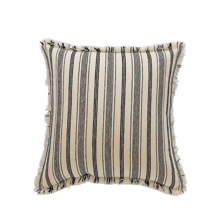 Striped Coastal-Inspired Cotton Square Pillow Cover with Fringed Edge and Concealed Zip