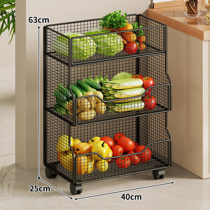 Two Tier Wire Mesh Kitchen Produce Storage Rack with Slide Out Lower Basket
