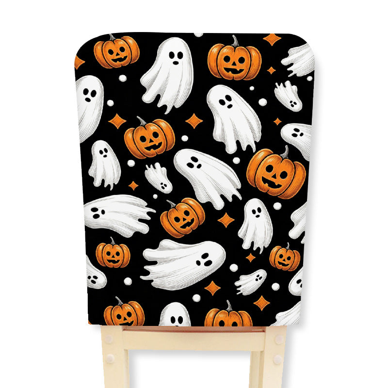 Padded chair back cover with Halloween illustration and spider web design