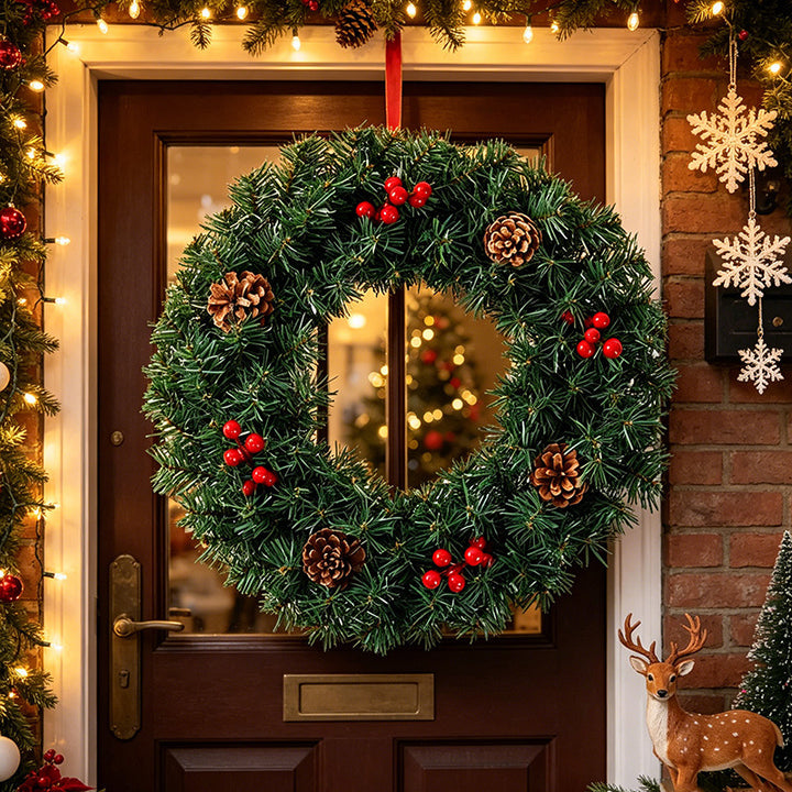 Artificial Christmas Pine Wreath with Red Berries and Pinecones