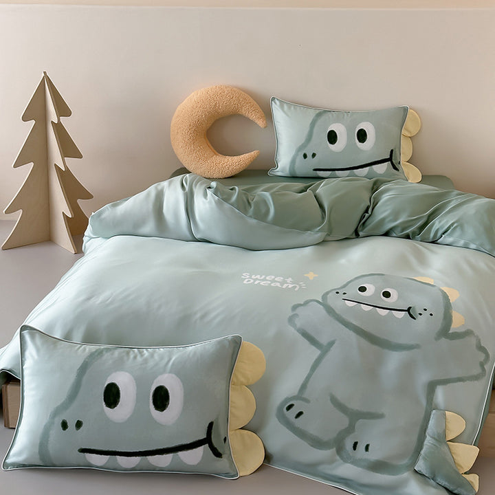 Children's bedding made of silk-matte satin with illustrative panda and apple print as well as fine piping