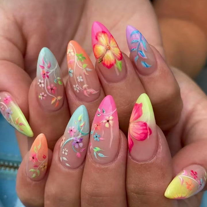 Artificial Nail Set with Colorful Flower Patterns Kalsten