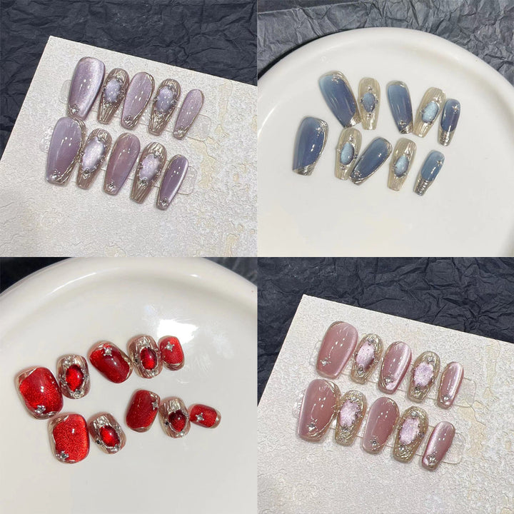 Elegant Press-On Nail Set with Artistic Metallic Design Kalsten