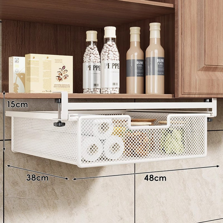 Under-Shelf Slide-Out Metal Mesh Pull-Out Storage Drawer with Adjustable Clamp