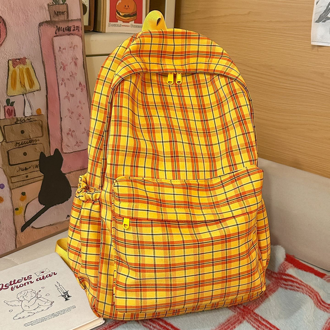 Backpack with Practical Check Pattern and Cute Plush Pendant Kalsten