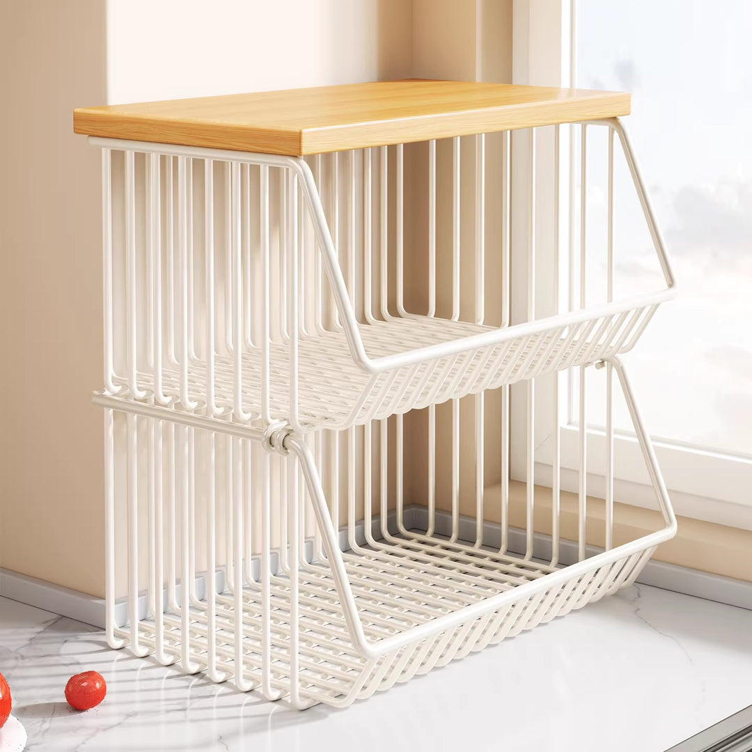 Countertop Wooden-Top Metal Wire Produce Storage Basket with Front-Tilt Access