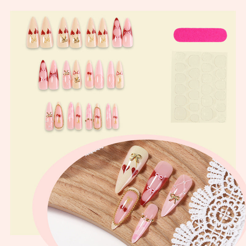 Elegant Decorative Press-On Nail Set with Bow and Heart Designs kalsten