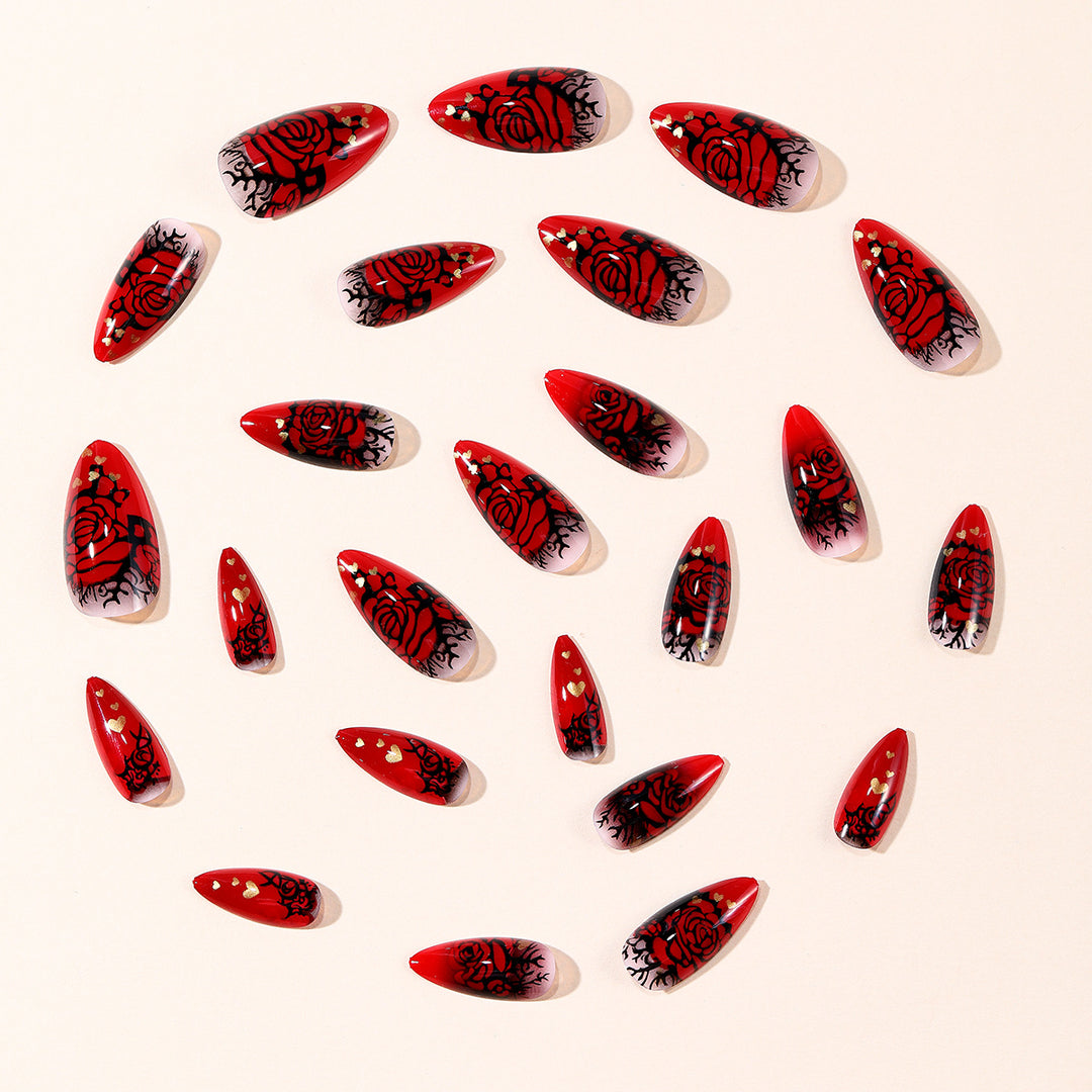Gothic Rose-Design Stiletto Nail Art Extensions Kalsten