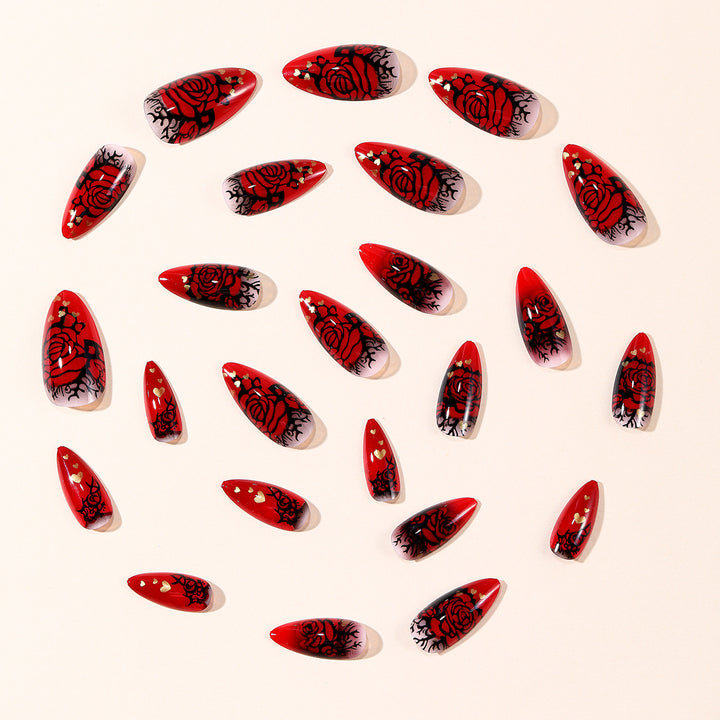 Gothic Rose-Design Stiletto Nail Art Extensions Kalsten