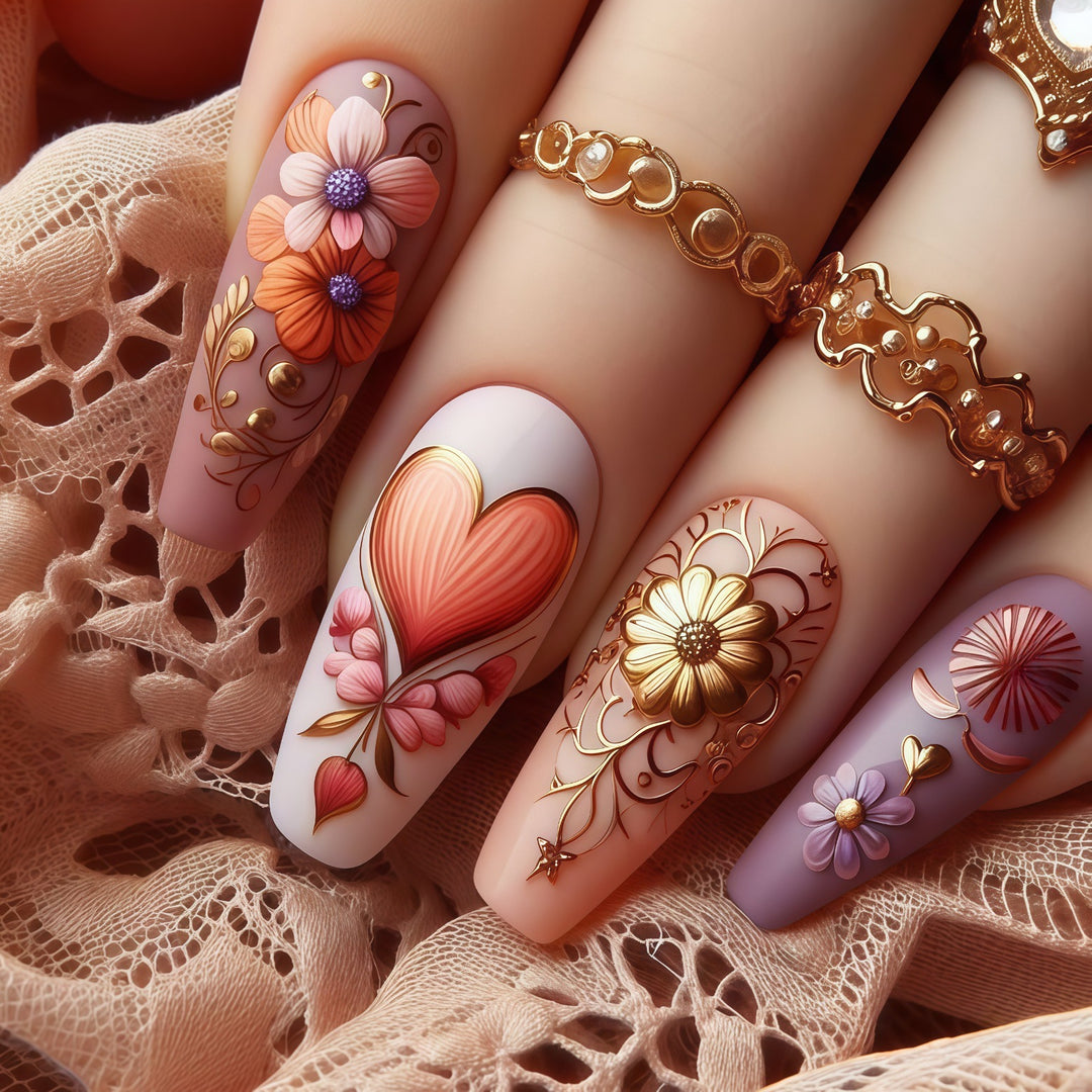 Artificial Nail Set with Romantic Floral Designs Kalsten