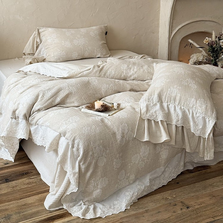 Vintage-inspired cotton-linen bedding set with ruffled trim & broderie anglaise