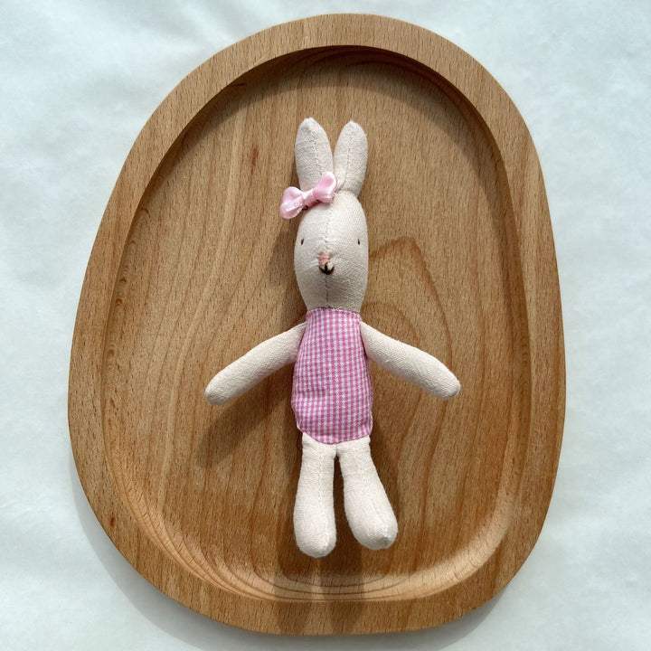Miniature Linen Rabbit Comforter Plush with Gingham Pocket Dress and Ribbon Bow