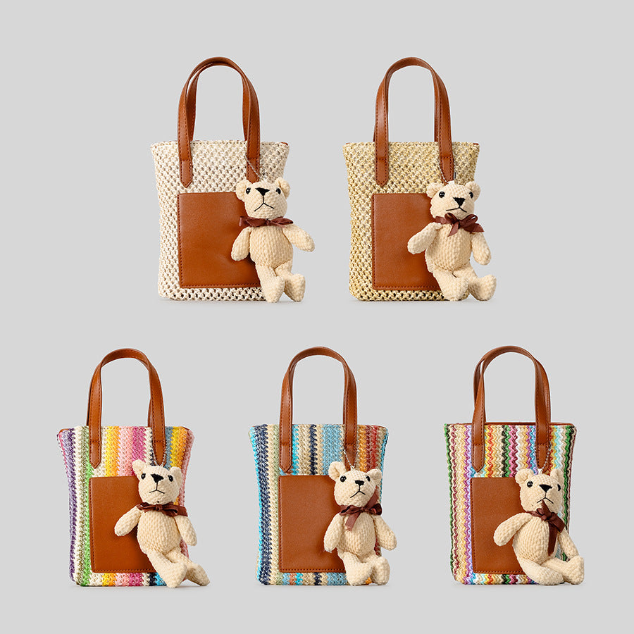 Playful Woven Tote Bag with Teddy Bear Detail