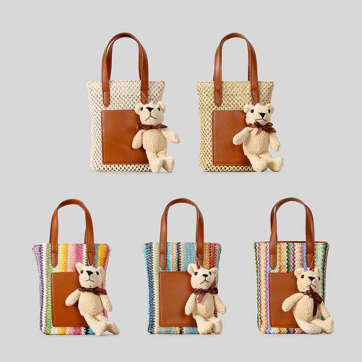 Playful Woven Tote Bag with Teddy Bear Detail