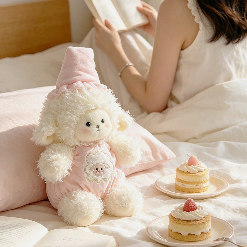 Plush Lamb Cuddly Stuffed Toy with Embroidered Romper and Sleep Hat Kalsten
