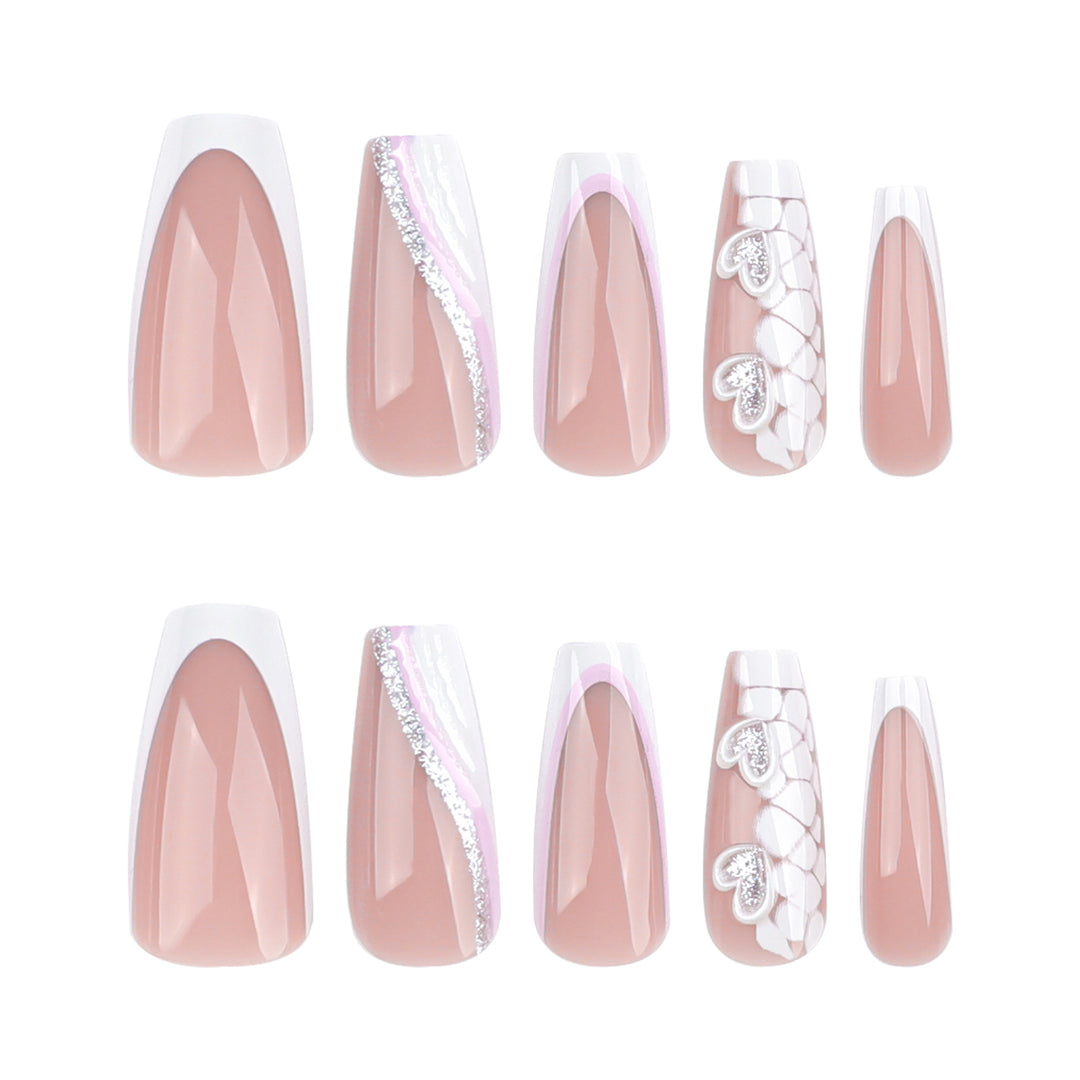 Artful Nail Extensions with Heart Design and Glitter Accents Kalsten