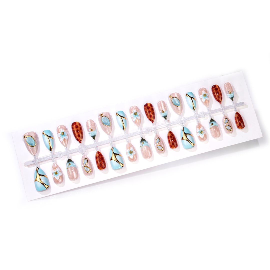 Artistic Press-On Nail Art Set with Floral and Gem Accents Kalsten