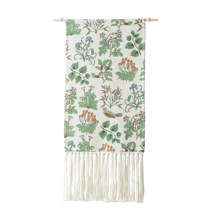 Woven wall hanging with floral jacquard structure and long fringes Kalsten