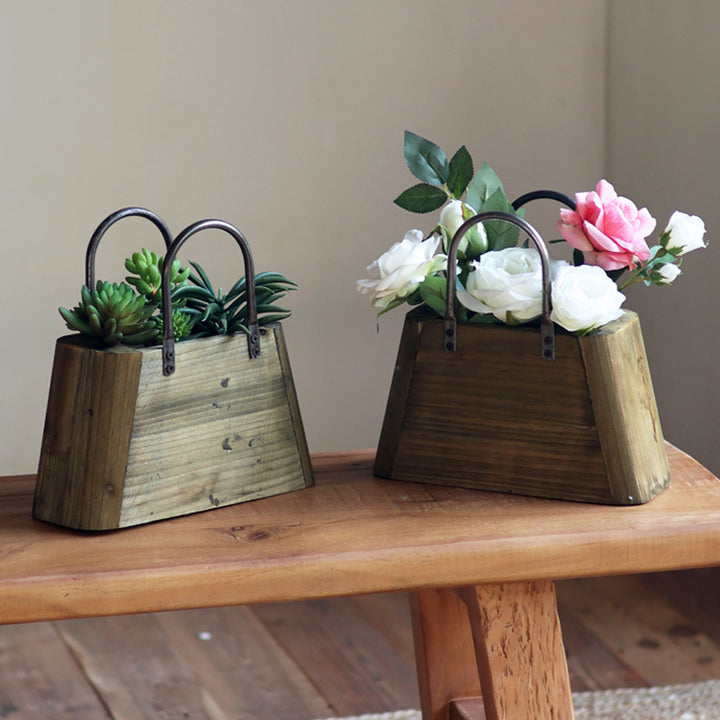 Handcrafted wooden basket with metal handles Kalsten