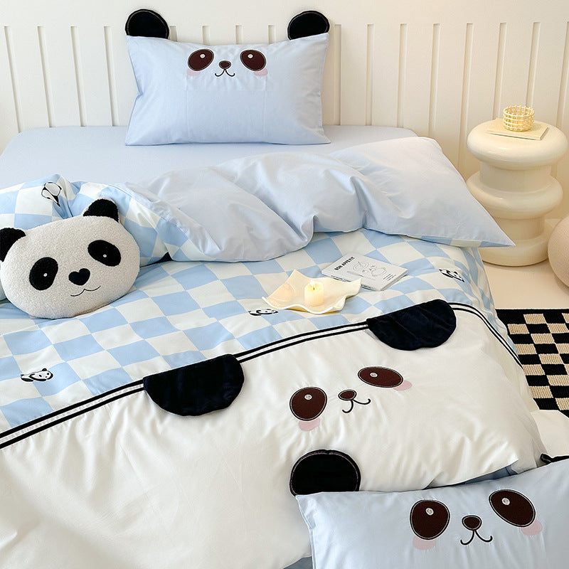 Children's bedding set with check pattern, embroidered panda face and three-dimensional ear appliqués