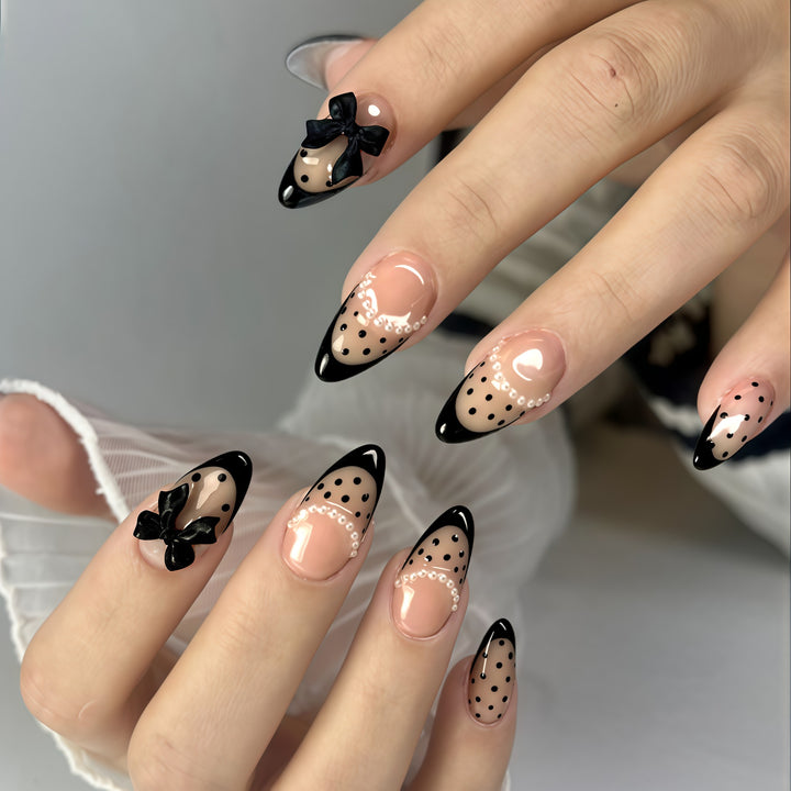 Elegant Polka Dot Press-On Nails with Bow Accents Kalsten