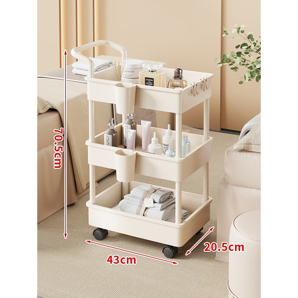 Compact Two-Tier Rolling Storage Trolley with Handle and Hooks