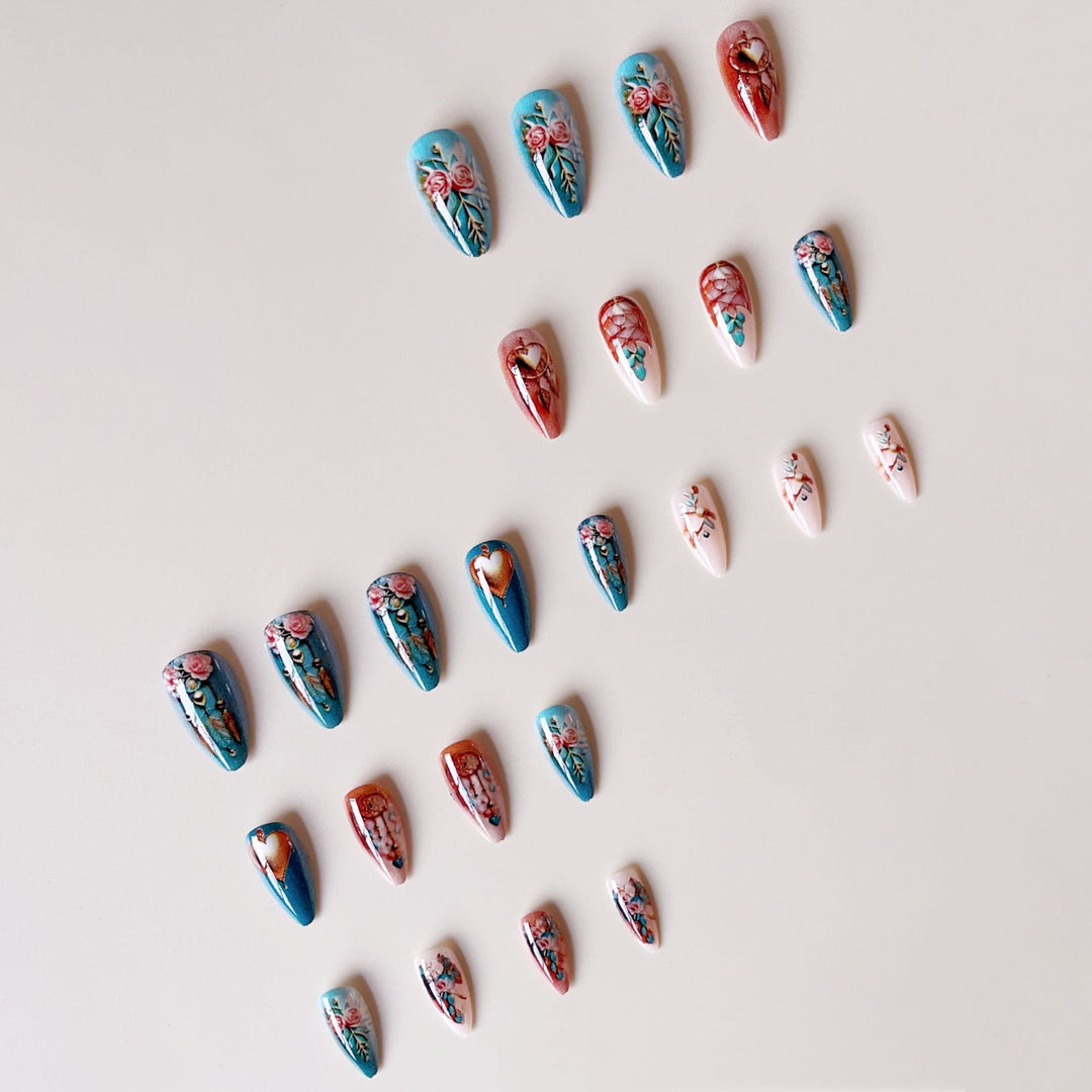 Acrylic nail set with stunning 3D rose and heart decorations Kalsten