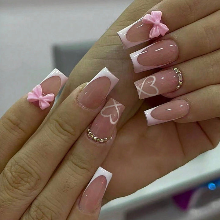 Artificial nail set with elegant bow and glitter decorations Kalsten