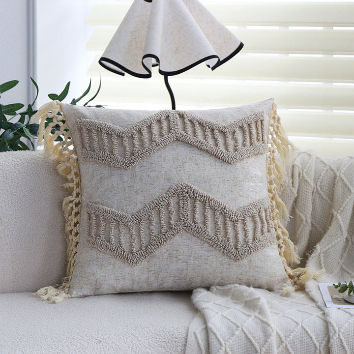 Square decorative cushion cover made of cotton-linen with hand-tufted stripe relief and corner tassels Kalsten