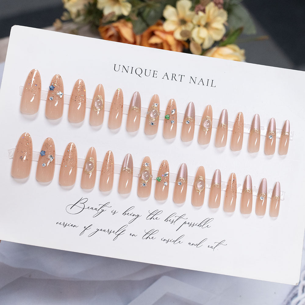 Decorative Long Stiletto Press-On Nails with Rhinestone Accents
